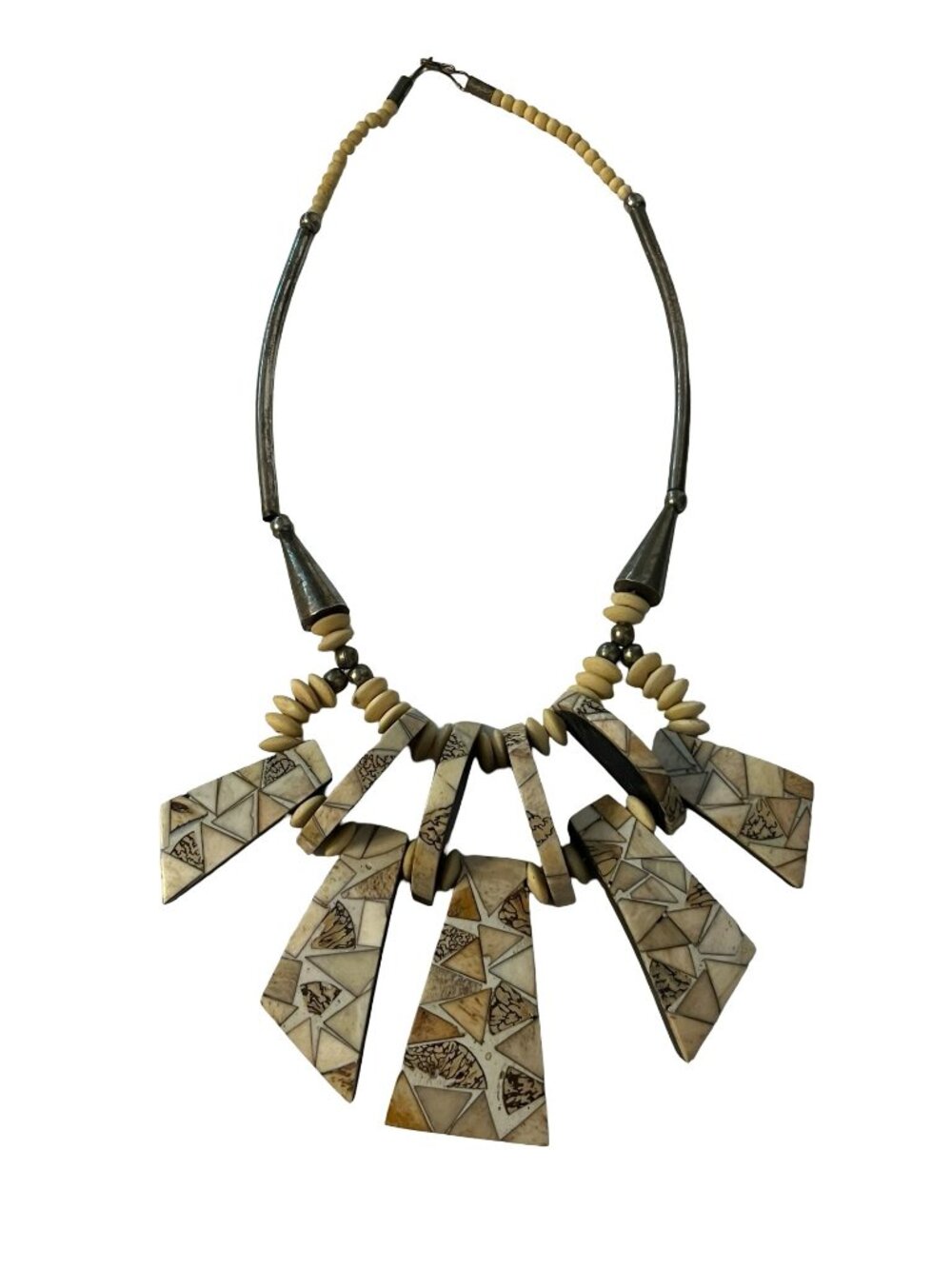 Vintage Tribal Statement Necklace Geometric Inlay Panels Bone Horn Style Heavy B